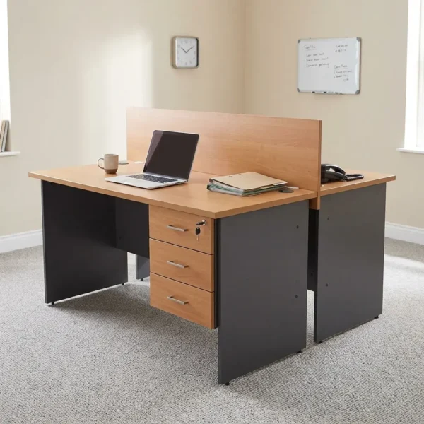 2-way wooden modular workstation featuring a face-to-face dual-person design, light natural oak tabletop finish, a central full-length wooden privacy divider panel, grey panel legs, integrated cable grommets on each desktop, and built-in 3-drawer lockable storage pedestals.