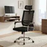 Swivel mesh office chair featuring a breathable black mesh high backrest with built-in lumbar support, an adjustable mesh headrest, a cushioned fabric seat, chrome-accented fixed armrests, and a polished chrome five-star base on smooth-rolling dual-wheel casters.
