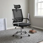 Swivel mesh office chair featuring a breathable black mesh high backrest with built-in lumbar support, an adjustable mesh headrest, a cushioned fabric seat, chrome-accented fixed armrests, and a polished chrome five-star base on smooth-rolling dual-wheel casters.