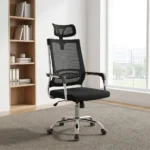 Swivel mesh office chair featuring a breathable black mesh high backrest with built-in lumbar support, an adjustable mesh headrest, a cushioned fabric seat, chrome-accented fixed armrests, and a polished chrome five-star base on smooth-rolling dual-wheel casters.