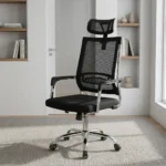 Swivel mesh office chair featuring a breathable black mesh high backrest with built-in lumbar support, an adjustable mesh headrest, a cushioned fabric seat, chrome-accented fixed armrests, and a polished chrome five-star base on smooth-rolling dual-wheel casters.