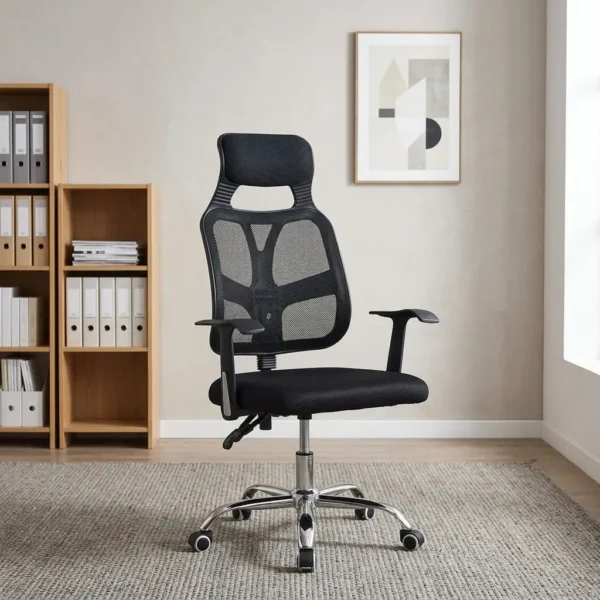 Breathable high-back office chair featuring a contoured black mesh backrest with an integrated Y-shaped ergonomic lumbar support frame, an integrated headrest with an open cutout, T-shaped armrests, a cushioned fabric seat, and a polished chrome five-star base on smooth-rolling dual-wheel casters.