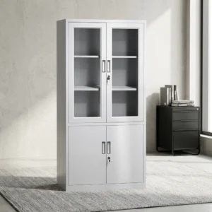 2-door office storage cabinet featuring a durable white steel construction, upper transparent glass-panel double doors with key lock and internal shelving, lower solid metal double doors with separate key lock, and vertical recessed handles.