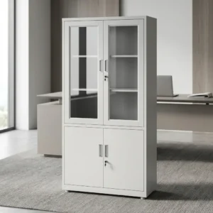 2-door office storage cabinet featuring a durable white steel construction, upper transparent glass-panel double doors with key lock and internal shelving, lower solid metal double doors with separate key lock, and vertical recessed handles.
