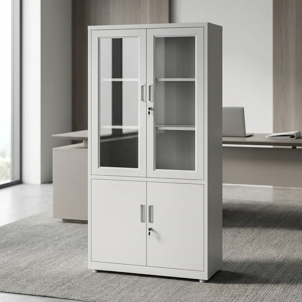 2-door office storage cabinet featuring a durable white steel construction, upper transparent glass-panel double doors with key lock and internal shelving, lower solid metal double doors with separate key lock, and vertical recessed handles.
