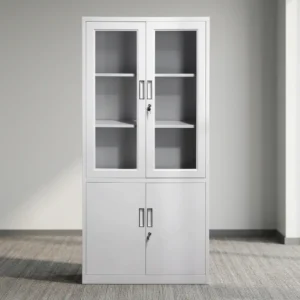 2-door office storage cabinet featuring a durable white steel construction, upper transparent glass-panel double doors with key lock and internal shelving, lower solid metal double doors with separate key lock, and vertical recessed handles.
