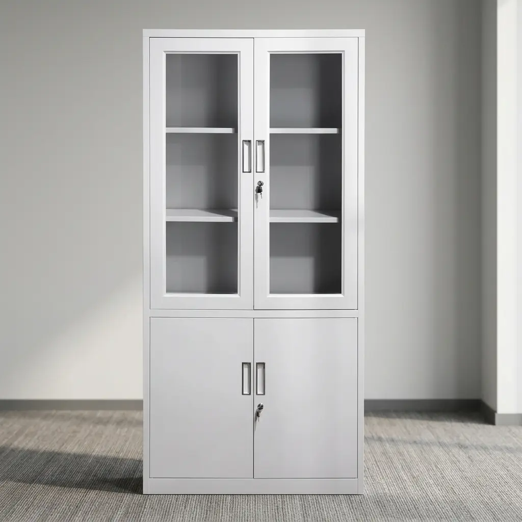2-door office storage cabinet featuring a durable white steel construction, upper transparent glass-panel double doors with key lock and internal shelving, lower solid metal double doors with separate key lock, and vertical recessed handles.