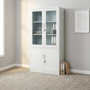 2-door office storage cabinet featuring a durable white steel construction, upper transparent glass-panel double doors with key lock and internal shelving, lower solid metal double doors with separate key lock, and vertical recessed handles.