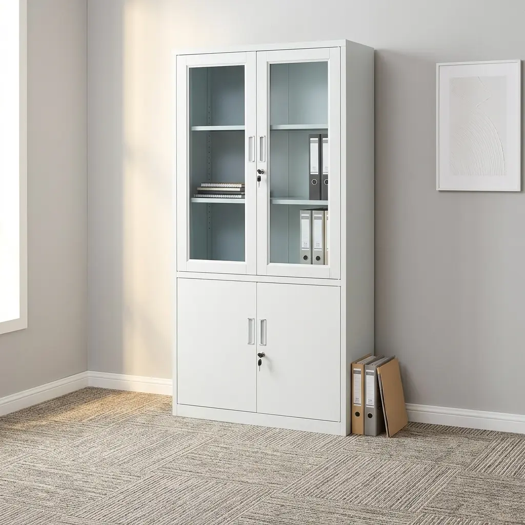 2-door office storage cabinet featuring a durable white steel construction, upper transparent glass-panel double doors with key lock and internal shelving, lower solid metal double doors with separate key lock, and vertical recessed handles. 2-door office storage cabinet featuring a durable white steel construction, upper transparent glass-panel double doors with key lock and internal shelving, lower solid metal double doors with separate key lock, and vertical recessed handles.