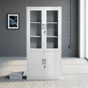 2-door office storage cabinet featuring a durable white steel construction, upper transparent glass-panel double doors with key lock and internal shelving, lower solid metal double doors with separate key lock, and vertical recessed handles.