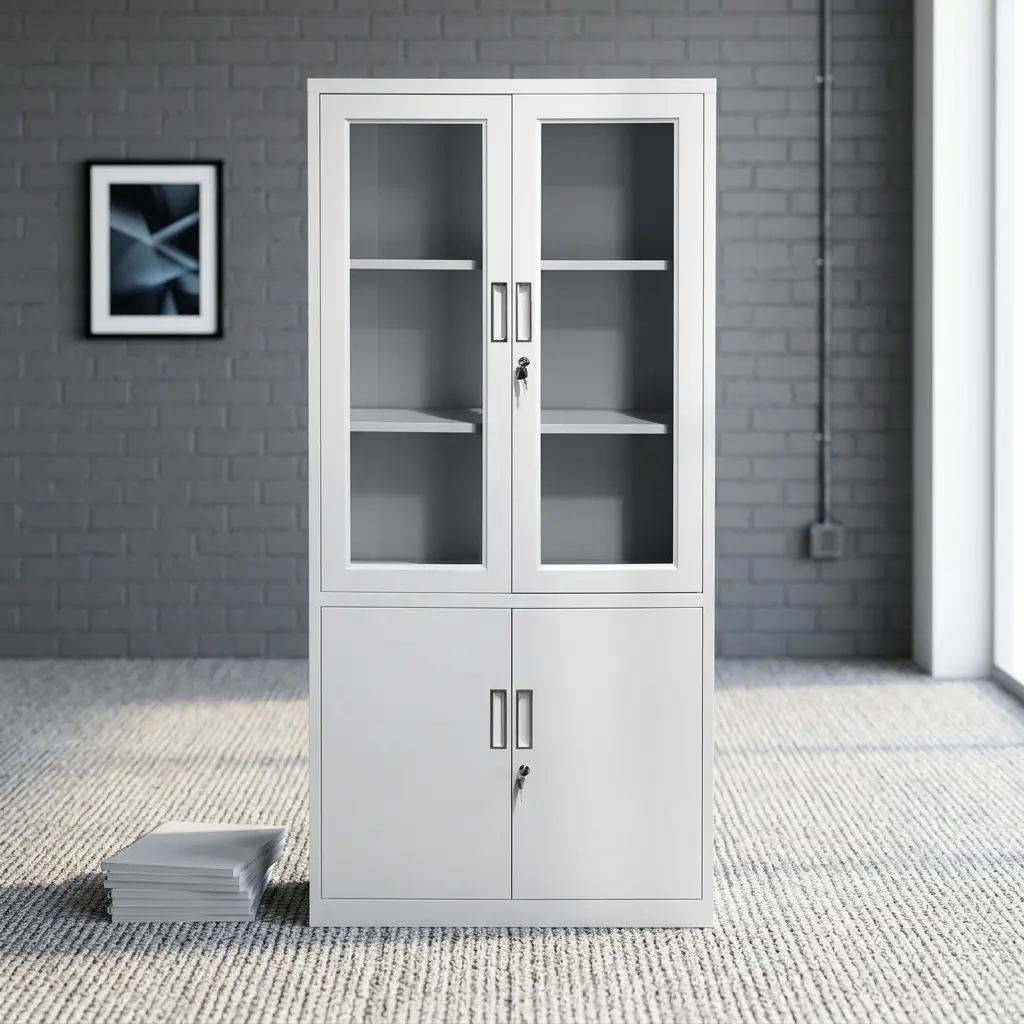 2-door office storage cabinet featuring a durable white steel construction, upper transparent glass-panel double doors with key lock and internal shelving, lower solid metal double doors with separate key lock, and vertical recessed handles.