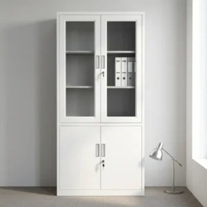 2-door office storage cabinet featuring a durable white steel construction, upper transparent glass-panel double doors with key lock and internal shelving, lower solid metal double doors with separate key lock, and vertical recessed handles.