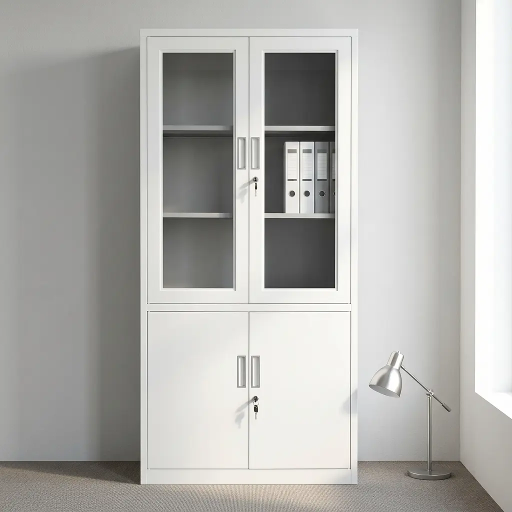 2-door office storage cabinet featuring a durable white steel construction, upper transparent glass-panel double doors with key lock and internal shelving, lower solid metal double doors with separate key lock, and vertical recessed handles.