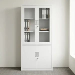 2-door office storage cabinet featuring a durable white steel construction, upper transparent glass-panel double doors with key lock and internal shelving, lower solid metal double doors with separate key lock, and vertical recessed handles.