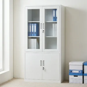2-door office storage cabinet featuring a durable white steel construction, upper transparent glass-panel double doors with key lock and internal shelving, lower solid metal double doors with separate key lock, and vertical recessed handles.