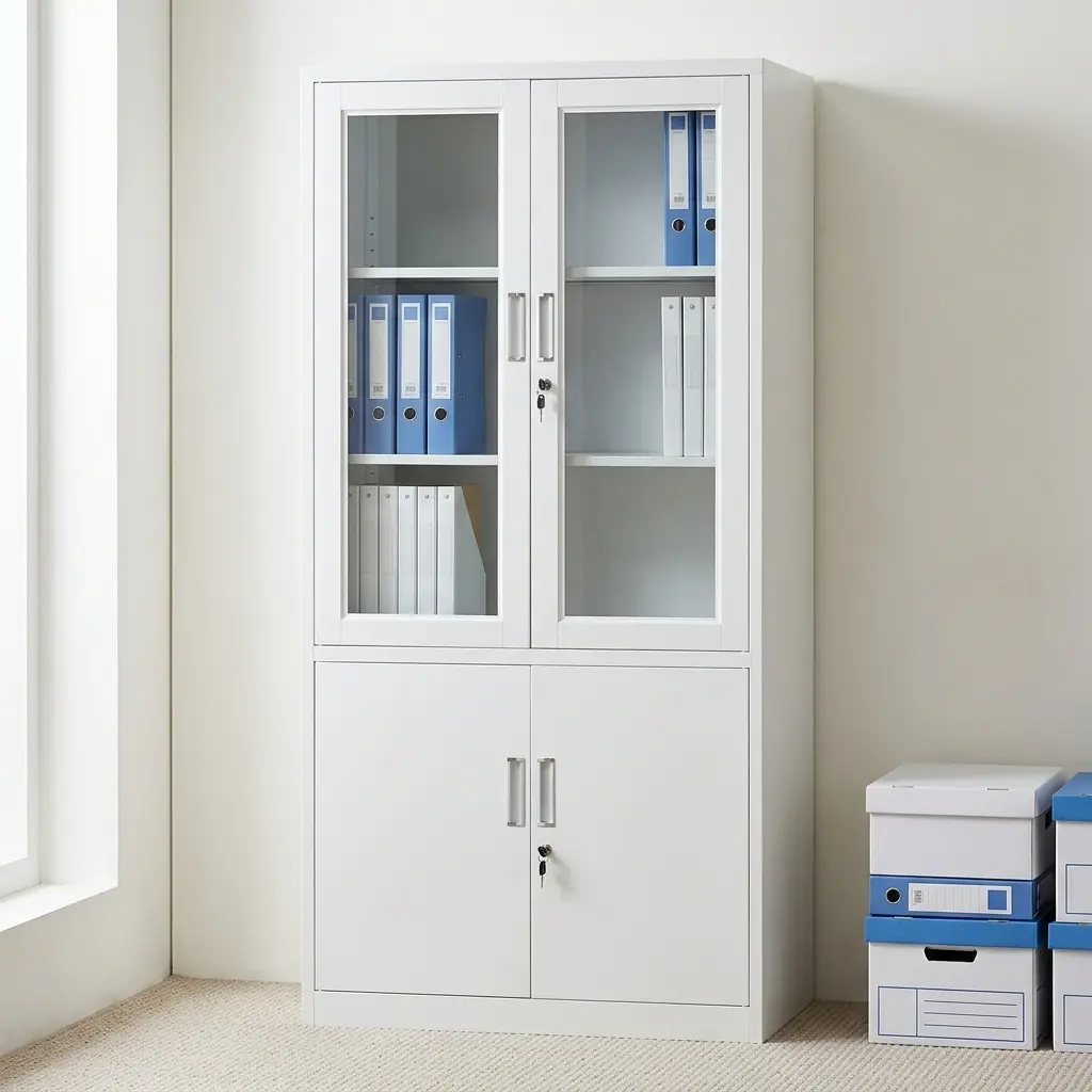 2-door office storage cabinet featuring a durable white steel construction, upper transparent glass-panel double doors with key lock and internal shelving, lower solid metal double doors with separate key lock, and vertical recessed handles.