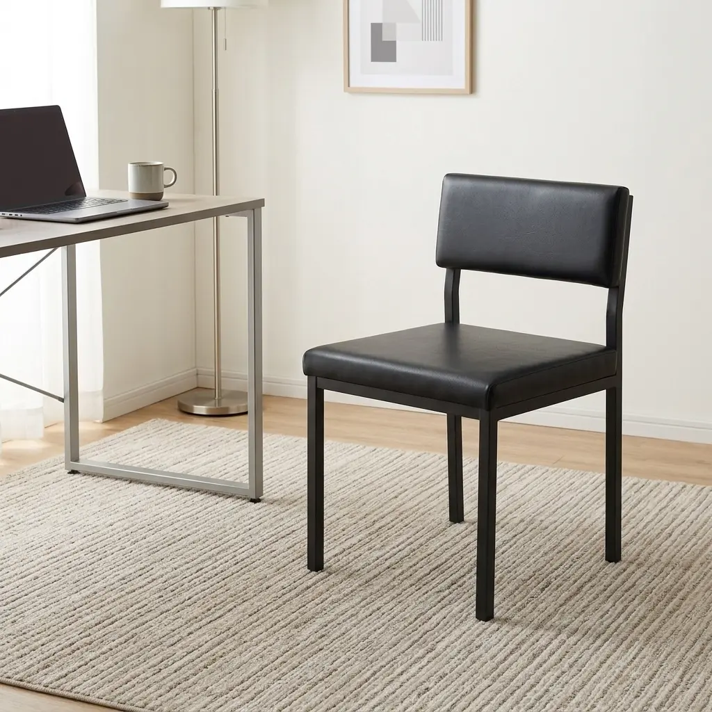 Black stackable catalina chair featuring a minimalist armless steel frame with a black powder-coated finish, a padded black faux leather low-profile backrest, a thick cushioned seat, and straight square legs. Black stackable catalina chair featuring a minimalist armless steel frame with a black powder-coated finish, a padded black faux leather low-profile backrest, a thick cushioned seat, and straight square legs.