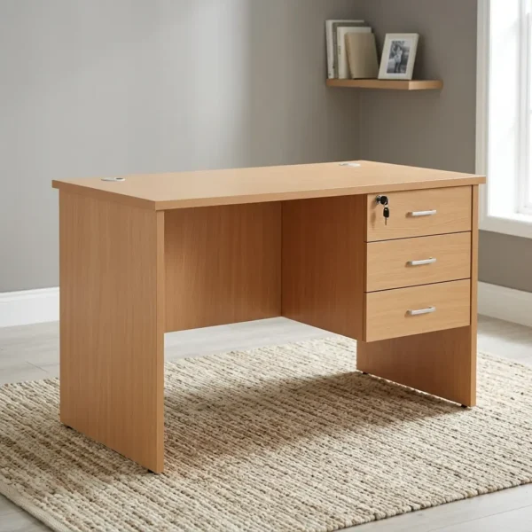 120cm office study desk featuring a light wood grain laminate finish, a rectangular tabletop with a rear cable management grommet, panel legs with a partial modesty panel, and a built-in right-side suspended three-drawer storage pedestal with silver curved handles and a top drawer key lock.