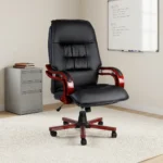 Executive chair with wooden arms featuring premium black leather upholstery with a high-back segmented tufted design, plush seat cushioning, curved mahogany-finished wooden armrests with black padded tops and silver accent posts, and a matching wooden five-star base on smooth-rolling dual-wheel casters.