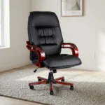 Executive chair with wooden arms featuring premium black leather upholstery with a high-back segmented tufted design, plush seat cushioning, curved mahogany-finished wooden armrests with black padded tops and silver accent posts, and a matching wooden five-star base on smooth-rolling dual-wheel casters.