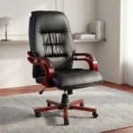 Executive chair with wooden arms featuring premium black leather upholstery with a high-back segmented tufted design, plush seat cushioning, curved mahogany-finished wooden armrests with black padded tops and silver accent posts, and a matching wooden five-star base on smooth-rolling dual-wheel casters.