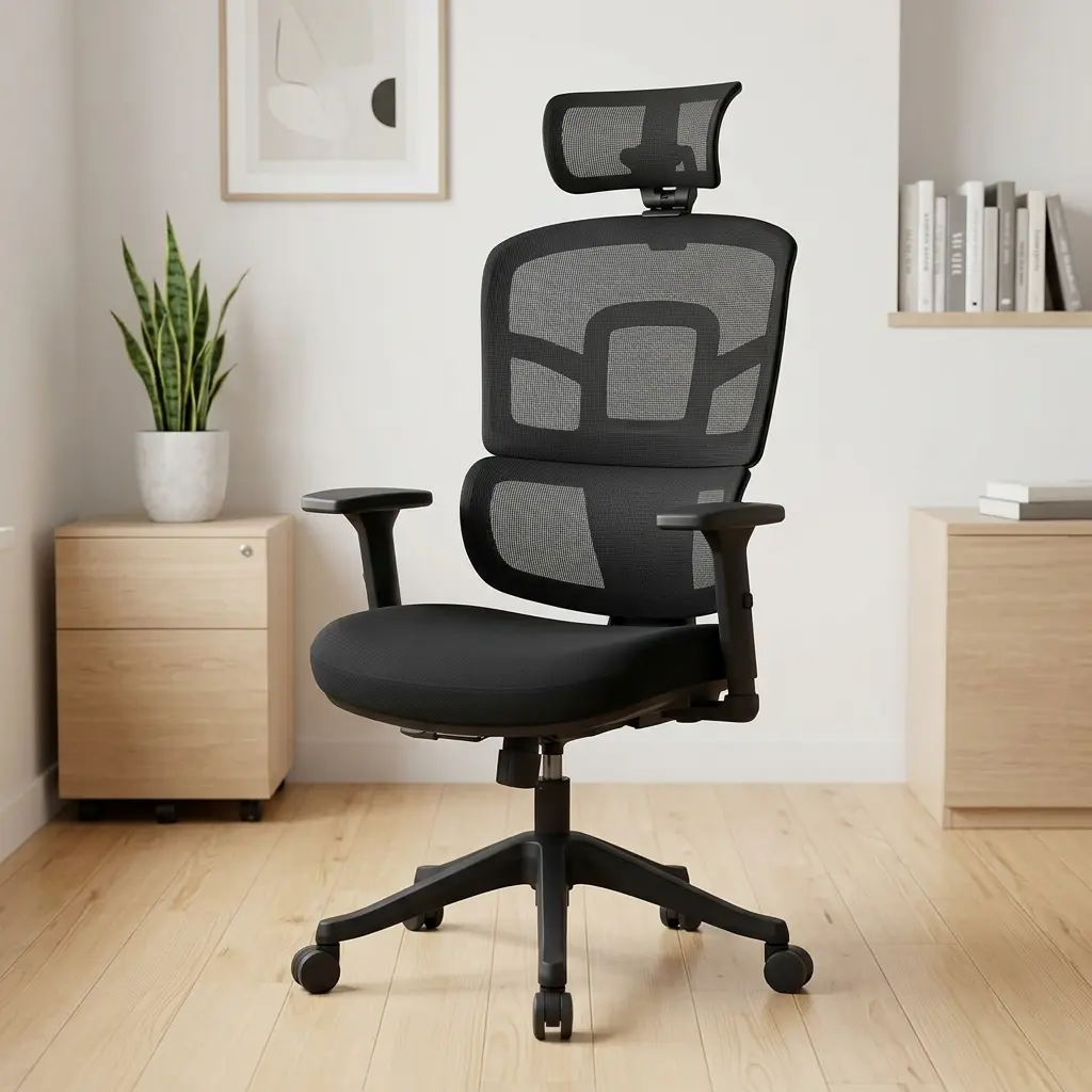 High back orthopedic office chair featuring a double-tier black mesh backrest with an integrated skeletal lumbar support frame, a contoured black fabric-padded seat cushion, an adjustable mesh headrest, T-shaped armrests, an under-seat adjustment cylinder, and a heavy-duty matte black five-star swivel base on smooth-rolling casters.