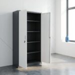 Steel office file cabinet featuring a tall, double-door structure with a dark charcoal gray steel outer frame and contrasting solid white metal swing doors, opening to reveal an interior with four adjustable shelves creating five open storage compartments, secured by a central key-lock mechanism with a recessed handle pull.