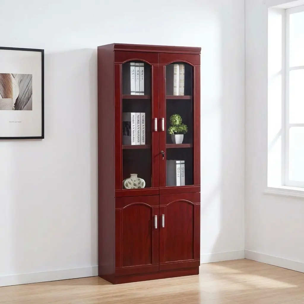 Wooden office filing cabinet featuring a tall, double-door executive credenza design finished in a rich reddish-brown cherry wood veneer, split into an upper section with arched glass display cabinet doors enclosing three open shelves, and a lower base section with solid wooden double doors, all accented by modern silver vertical handle pulls and a central key-lock mechanism.