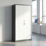 Steel office file cabinet featuring a tall, double-door structure with a dark charcoal gray steel outer frame and contrasting solid white metal swing doors, opening to reveal an interior with four adjustable shelves creating five open storage compartments, secured by a central key-lock mechanism with a recessed handle pull.