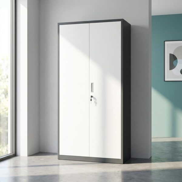 Steel office file cabinet featuring a tall, double-door structure with a dark charcoal gray steel outer frame and contrasting solid white metal swing doors, opening to reveal an interior with four adjustable shelves creating five open storage compartments, secured by a central key-lock mechanism with a recessed handle pull.