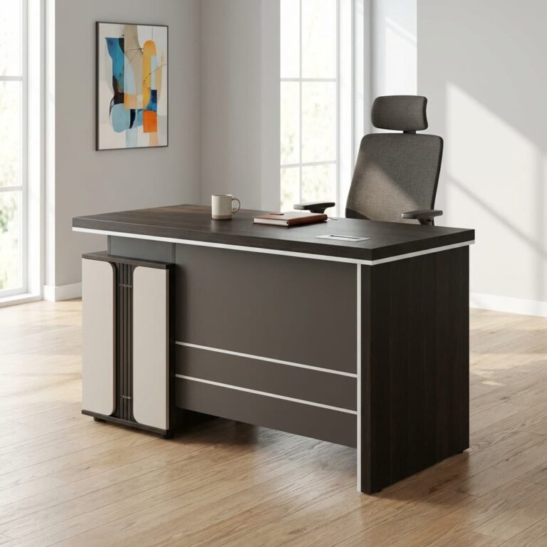 Dark wood 1200mm executive office desk with integrated three drawer locking pedestal and floating top design in a modern workspace.
