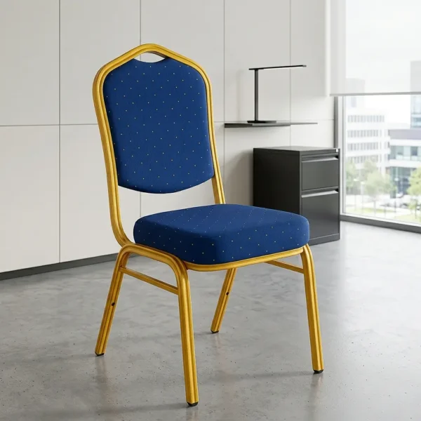Stackable blue banquet chair featuring patterned fabric upholstery and a crown-back gold metal frame.