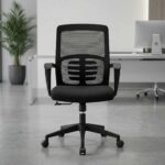 Mid-back office chair featuring a breathable black mesh backrest with an integrated skeletal lumbar support structure, a contoured black fabric-padded seat cushion, fixed curved nylon armrests, an under-seat pneumatic adjustment knob, and a matte black five-star swivel base on dual-wheel casters.