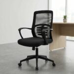 Mid-back office chair featuring a breathable black mesh backrest with an integrated skeletal lumbar support structure, a contoured black fabric-padded seat cushion, fixed curved nylon armrests, an under-seat pneumatic adjustment knob, and a matte black five-star swivel base on dual-wheel casters.