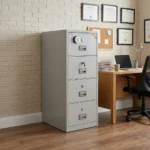 4-drawer fireproof file cabinet featuring a tall, reinforced vertical structure finished in a light gray matte powder coating, designed with four vertically stacked drawers each secured by an individual mechanical key lock, accented by recessed handles with distinct dark red borders, and a primary electronic digital combination keypad lock on the top drawer.