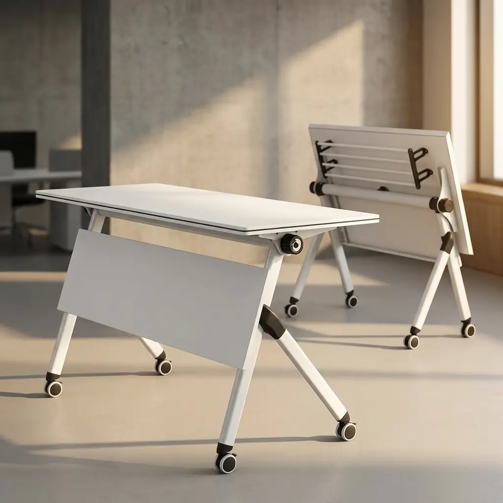 120cm foldable training table featuring a rectangular white laminate tabletop with a black edge band, integrated onto a white metal nesting frame with a matching solid white modesty panel, supported by angled T-legs equipped with dual-wheel locking casters.
