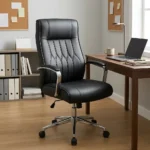 Black leather mid-back office chair featuring diamond-pattern tufted stitching, padded chrome armrests, and a polished metal 5-star swivel base.