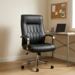 Black leather mid-back office chair featuring diamond-pattern tufted stitching, padded chrome armrests, and a polished metal 5-star swivel base.