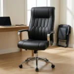 Black leather mid-back office chair featuring diamond-pattern tufted stitching, padded chrome armrests, and a polished metal 5-star swivel base.