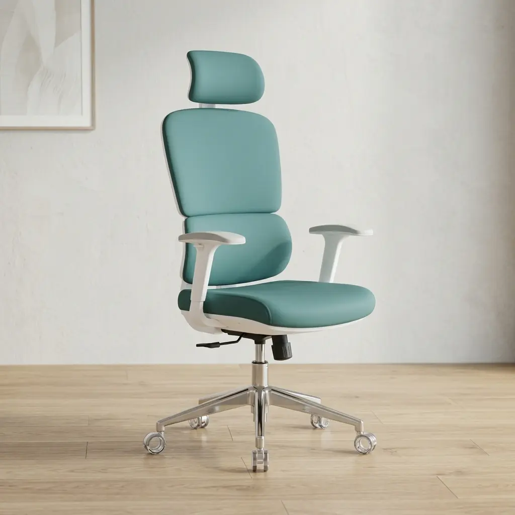 Green fabric orthopedic chair featuring a white ergonomic frame with a split, double-tier backrest design for targeted lumbar and thoracic support, a contoured sage green fabric seat cushion, a matching adjustable curved headrest, white T-shaped armrests with light gray pads, and a polished chrome five-star swivel base equipped with premium clear caster wheels.