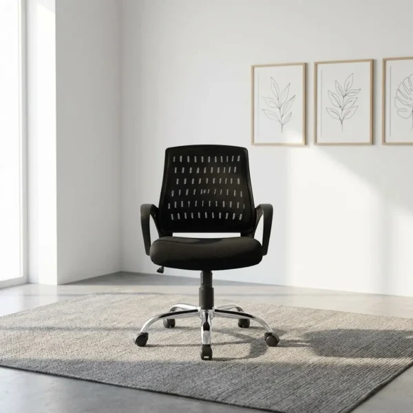 Ergonomic strong mesh office chair featuring a perforated high-density mesh backrest, a thick contoured black fabric seat cushion, fixed loop armrests, pneumatic seat height adjustment, and a heavy-duty polished chrome five-star base with dual-wheel swivel casters.