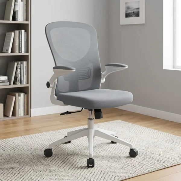 Gray ergonomic office chair featuring a light gray breathable mesh high backrest with built-in adjustable lumbar support, a cushioned light gray fabric seat, flip-up padded armrests on a white frame, pneumatic height adjustment, and a white five-star base with smooth-rolling casters.