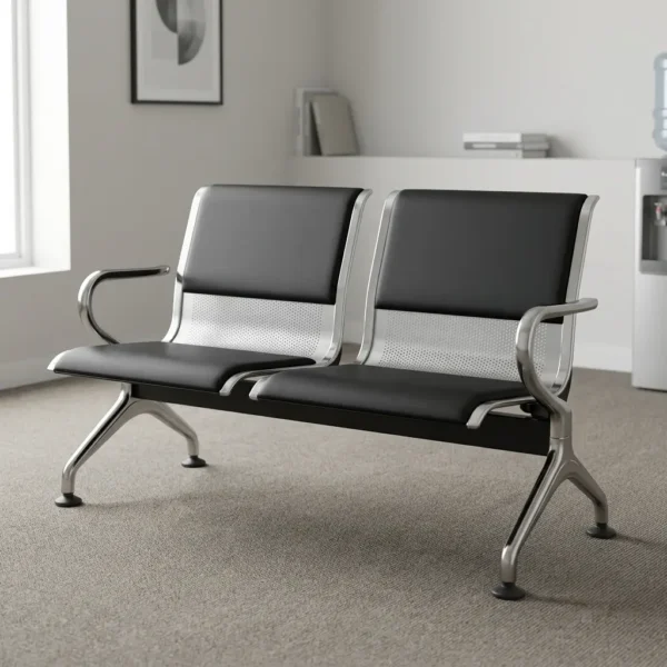 Padded 2-seater waiting bench featuring black padded faux leather seat cushions and backrests over perforated metallic shells with polished chrome borders, curved chrome end armrests, and a sturdy steel beam frame supported by angled chrome legs with adjustable leveling feet.