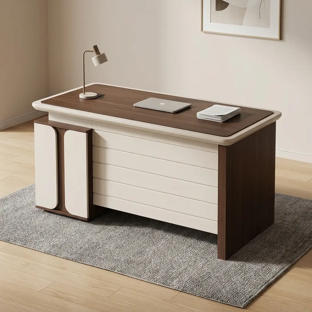1.2m advanced executive office table featuring a sophisticated dark walnut wood-grain desktop with cream-colored rounded edging, an integrated cable management pop-up box, a horizontal slatted front modesty panel, and an attached side storage return equipped with a lockable three-drawer pedestal and open shelving.