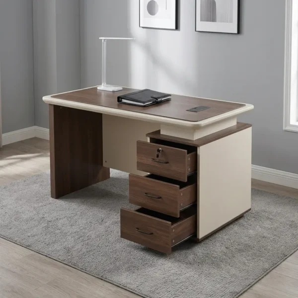 1.4m advanced executive table featuring a dark walnut wood-grain desktop with cream-colored rounded edging, an integrated cable management pop-up box, a modesty panel, and an attached side pedestal with three dark walnut drawers featuring black handles and a top-drawer lock.
