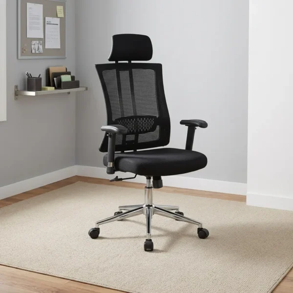 Mesh orthopedic office chair featuring a high breathable black mesh backrest with an adjustable headrest, integrated perforated lumbar support, a contoured black fabric seat cushion, adjustable T-shaped armrests, pneumatic height adjustment, and a polished chrome five-star base on smooth-rolling casters.