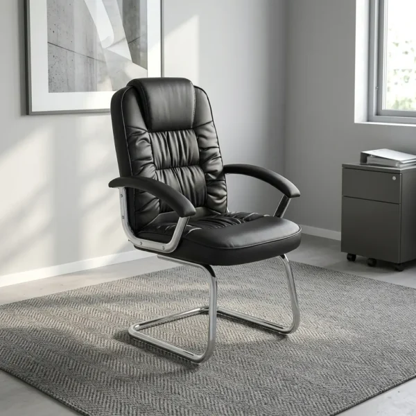 Comfortable leather waiting office chair featuring black leather upholstery with high-back tufted cushioning and integrated headrest padding, curved armrests with black pads, and a sleek chrome sled-base frame.