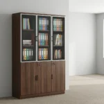 Wooden 3-door office cabinet featuring a rich dark walnut wood-grain finish, upper section with three framed glass-front display doors framed in silver, lower section with three lockable solid wooden doors featuring vertical handles, and spacious multi-tier internal shelving.