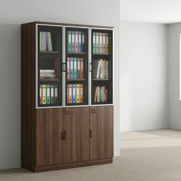 Wooden 3-door office cabinet featuring a rich dark walnut wood-grain finish, upper section with three framed glass-front display doors framed in silver, lower section with three lockable solid wooden doors featuring vertical handles, and spacious multi-tier internal shelving.