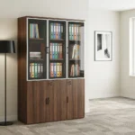 Wooden 3-door office cabinet featuring a rich dark walnut wood-grain finish, upper section with three framed glass-front display doors framed in silver, lower section with three lockable solid wooden doors featuring vertical handles, and spacious multi-tier internal shelving.